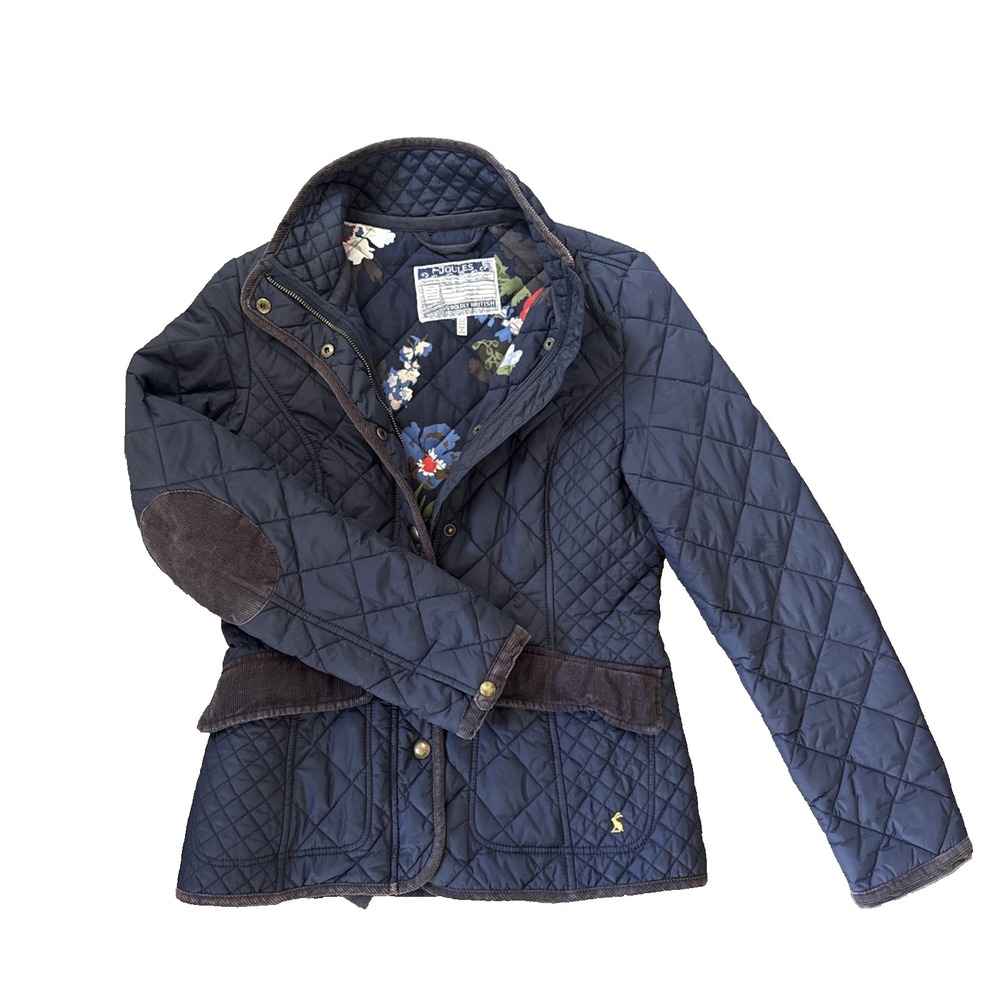 Joules Quilted Jacket Women US 6 Navy Blue Floral Lined Corduroy Patch Elbows